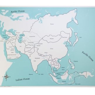 Mapa de Control: Asia con etiquetas- Material Montessori-vista frontal