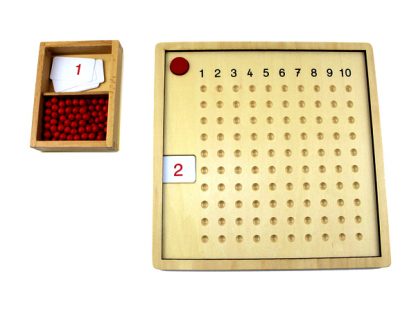 Cuenta con un tablero de madera con números del 1 al 10 a lo largo de la parte superior y con orificios para colocar las perlas. Incluye tarjetas del 1 al 10 que representan el multiplicando.