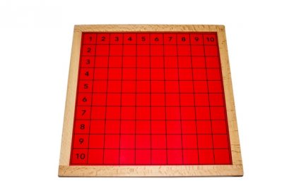 Este material consiste en un tablero de madera cuadiculado de color rojo con números del 1 al 10 tanto en vertical como en horizontal