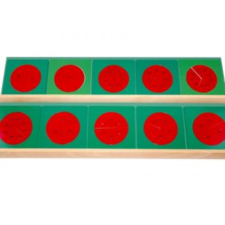 Diez fracciones rojas con marcos de metal verde que muestran un círculo dividido progresivamente en secciones más pequeñas.