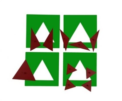 Este material se compone de cuatro tableros metálicos de color verde que incluyen formas triangulares de color rojo 1 entero y 3 que se dividen en partes más pequeñas,vista superior,foto redes sociales,mmm115